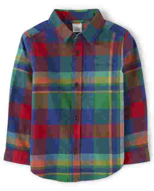 Camisa de sarga a cuadros de manga larga con botones para niños - Dino Roar