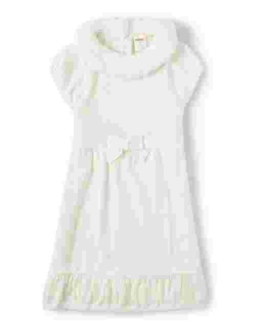 Girls Short Sleeve Faux Fur Neck Bow And Ruffle Sweater Dress - Picture Perfect