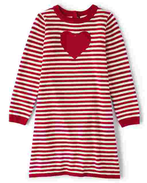 Vestido niña suéter de rayas de corazón bordado de manga larga - Valentine Cutie
