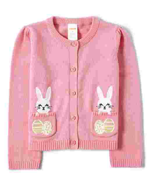 Cárdigan de conejito y huevo de Pascua bordado de manga larga para niñas - Fiesta en el jardín