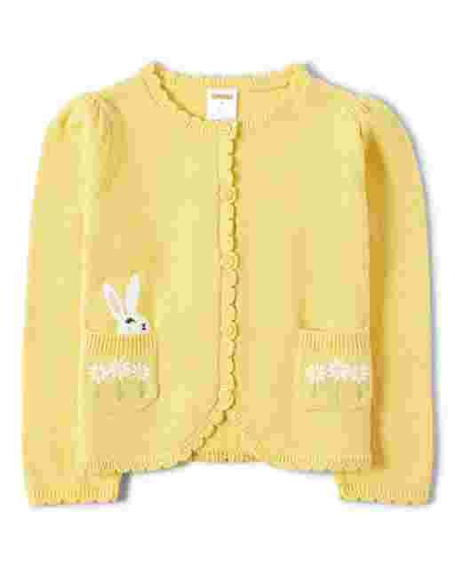 Cárdigan festoneado de flores y conejito de pascua bordado de manga larga para niñas - Fiesta en el jardín