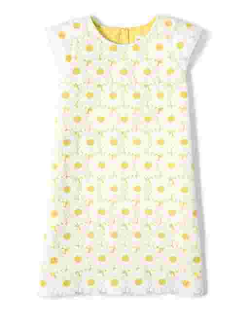Vestido recto de niña de encaje con bordado de margaritas y manga corta con volantes - Fiesta en el jardín