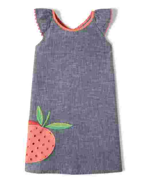 Vestido recto niña manga corta bordado melocotón cambray - Pretty Peach