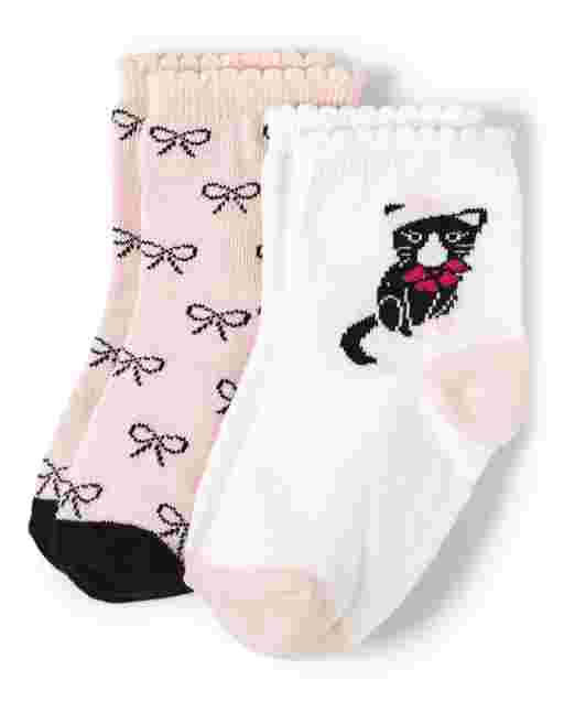 Pack de 2 pares de calcetines a media pierna con estampado de gatos y lazos para niñas - Puuurfect In Paris