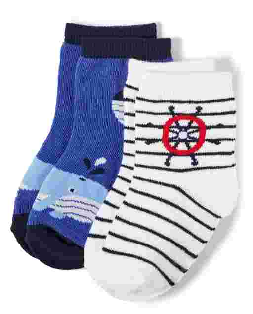 Pack de 2 pares de calcetines a media pierna de marinero con ballenas y rayas para niños - All Aboard