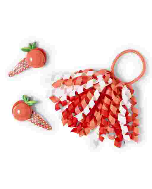 Conjunto de pelo de 3 piezas con pinzas y lazo para el pelo rizado Dino Peach para niñas - Pretty Peach