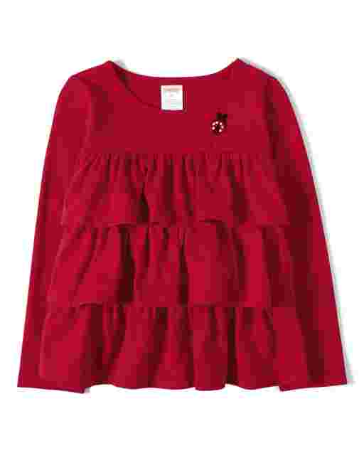 Top con volantes escalonados y apliques Ladybug de manga larga para niñas - Little Ladybug