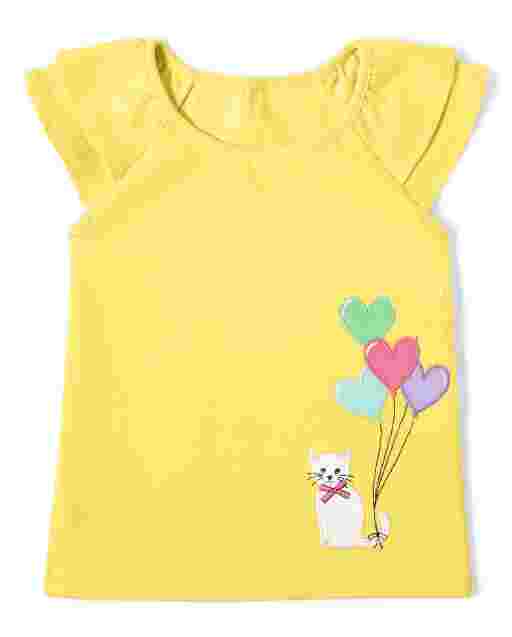 Top con volantes de gato y globos de corazón bordados de manga corta para niñas - Sunshine Time