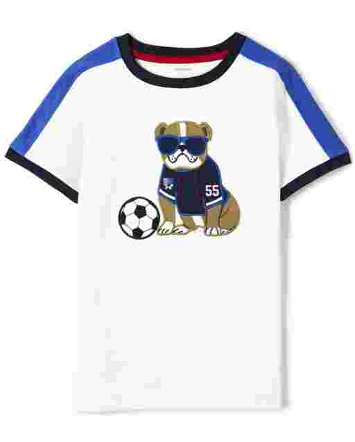 Camiseta de fútbol y perro bordada de manga corta para niños: listo, listo, gol