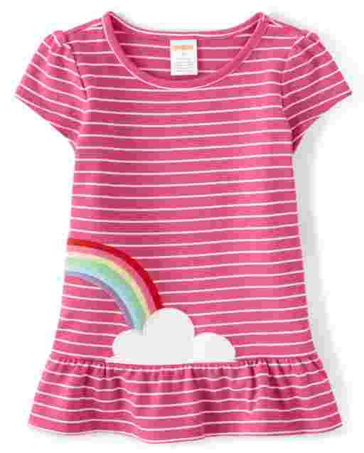 Top con peplum de rayas arcoíris bordado de manga corta para niñas - Sunshine Time