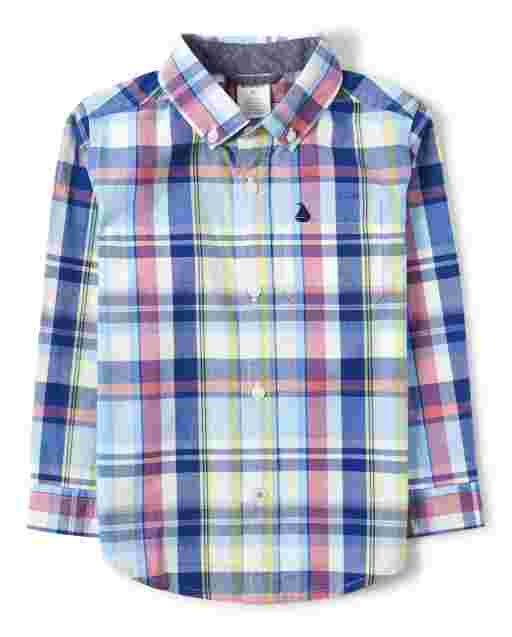 Camisa de manga larga con botones de popelina bordada a cuadros para niño - Country Club
