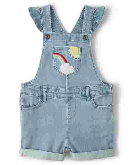 Pantalones cortos de mezclilla arcoíris bordados con mangas cortas y volantes para niñas - Sunshine Time