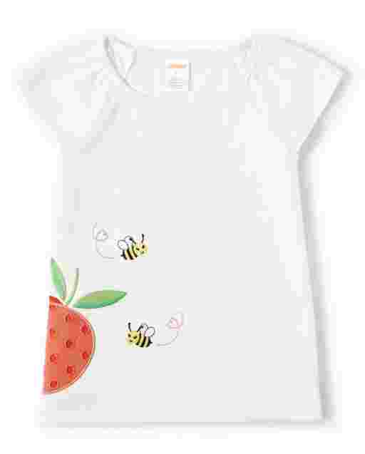 Top para niñas con lazo de abeja y melocotón bordado con mangas cortas aleteadoras - Pretty Peach
