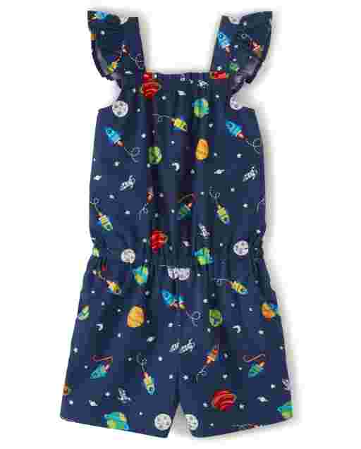 Mameluco de popelina con volantes y estampado espacial de manga corta para niñas - Future Astronaut