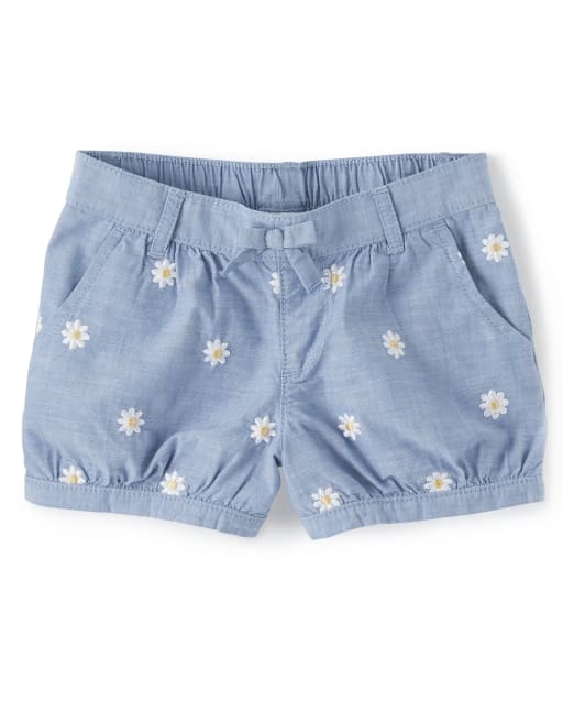 Girls Embroidered Daisy Chambray Pull On Shorts - Pocketful Of