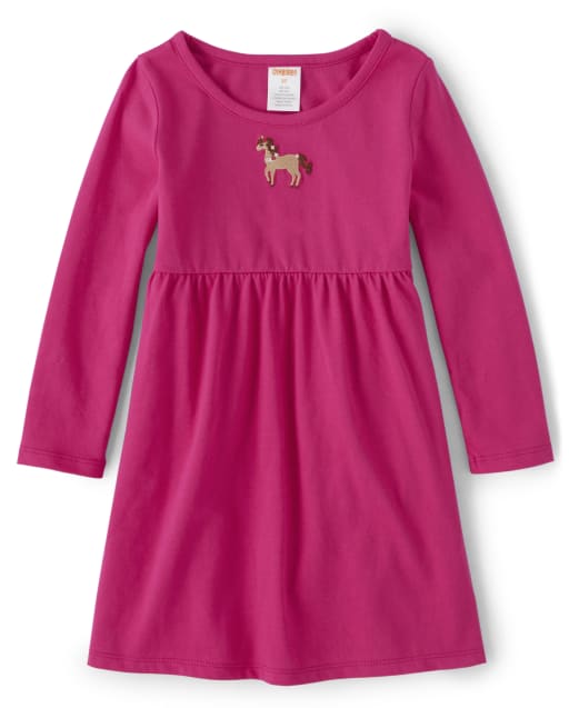Girls Long Sleeve Embroidered Pony Knit Dress Every Day Play