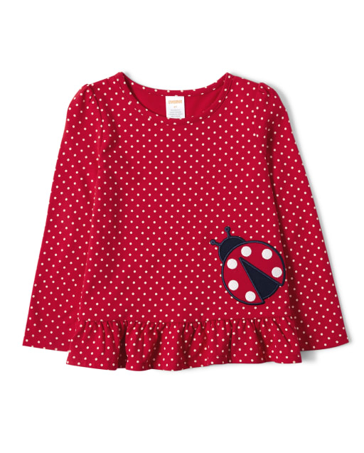 Girls Long Sleeve Ladybug Graphic Polka Dot Print Peplum Top - Little ...