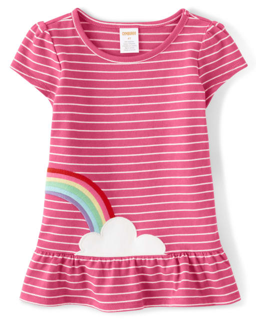 Girls Short Sleeve Embroidered Rainbow Striped Peplum Top