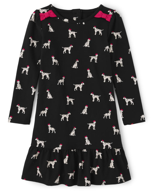 long sleeve dalmatian dress Girls Long Sleeve Puppy Print Bow Knit Peplum Dress - Dalmatian Friends -  BLACK