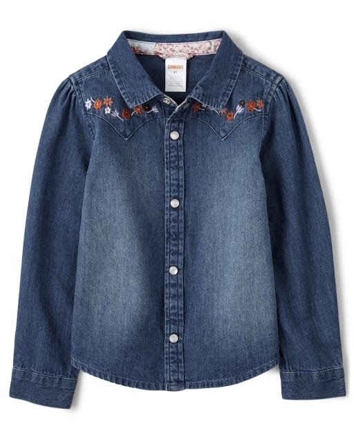Girls Long Sleeve Embroidered Floral Chambray Button Up Shirt Western Skies CHAMBRAY Gymboree CA
