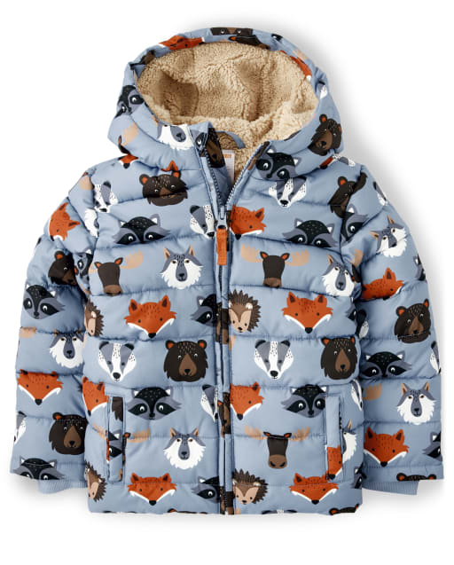 Boys Long Sleeve Animal Print Sherpa Lined Puffer Jacket - Critter