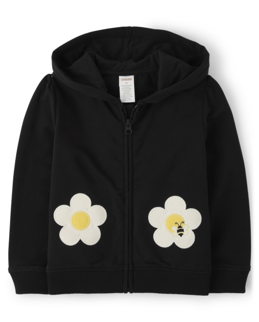 Girls Long Sleeve Embroidered Daisy Zip Up Hoodie - Busy Little
