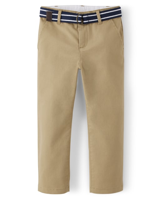 Boys Belted Woven Chino Pants with Stain and Wrinkle Resistance