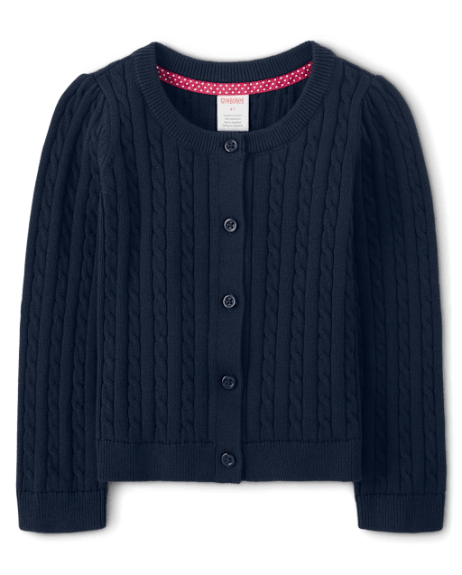 Girls Long Sleeve Cable Knit Cardigan - Uniform - BLUE
