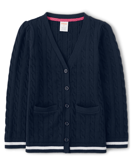 Girls Long Sleeve Cable Knit Long Cardigan - Uniform - BLUE