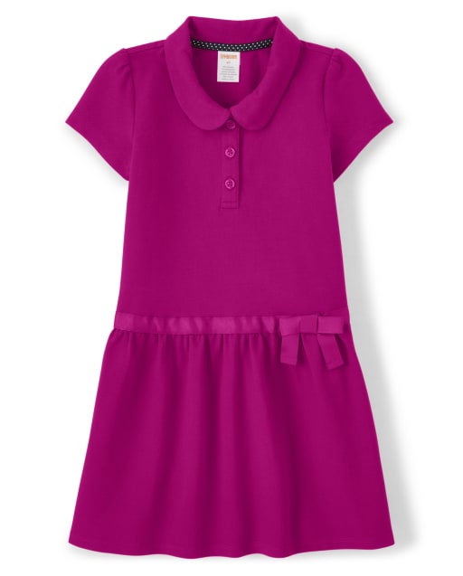 Girls Short Sleeve Knit Polo Dress with Stain Resistance Uniform