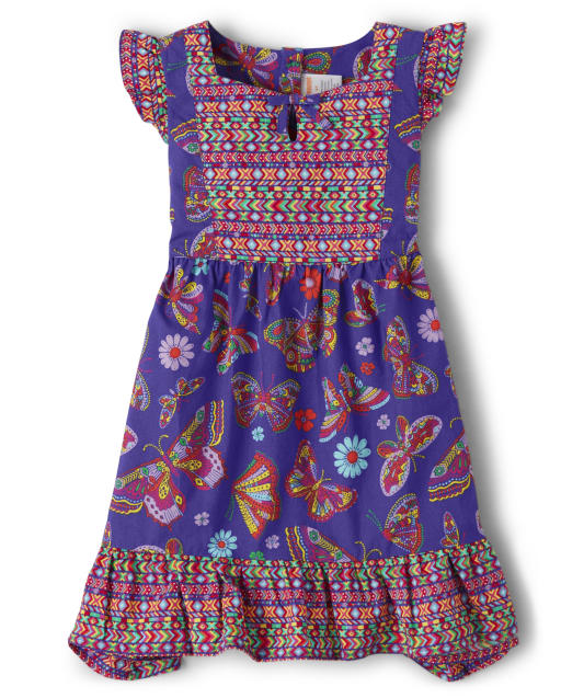 Girls Short Sleeve Butterfly Print Poplin Hankey Hem Dress Music Festival PURPLE Gymboree