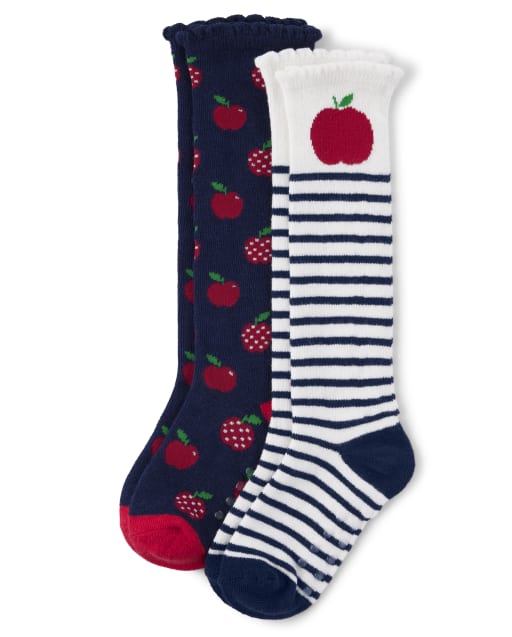 Girls Apple Print And Striped Knee Socks 2Pack Head of the Class