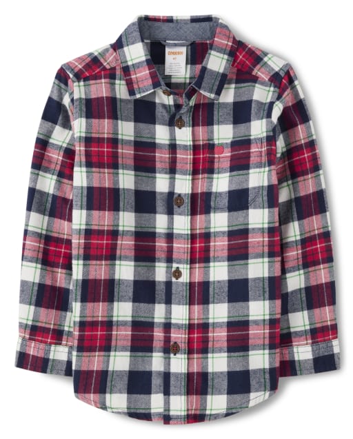 Boys Long Roll Up Sleeve Plaid Twill Button Up Shirt - Head of the ...
