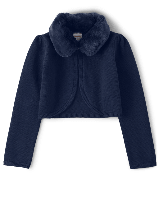 Girls Long Sleeve Faux Fur Cropped Cardigan Family Celebrations BLUE Gymboree CA