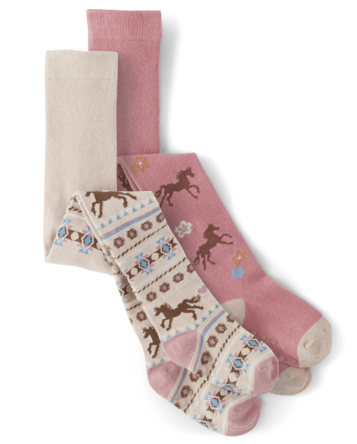 Girls horse fairisle and floral horse tights 2 pack little rocky