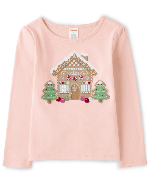 Girls Long Sleeve Embroidered Gingerbread House Top Gingerbread