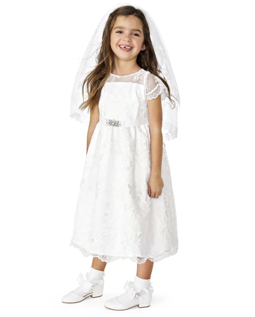 Girls Short Sleeve Woven Lace Dress - All Dressed Up