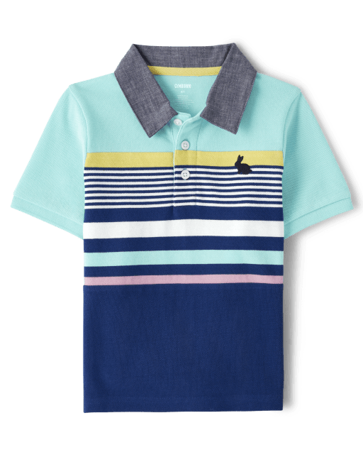 Bailey Boys Blue Striped Long Sleeved Polo Shirt - Embroidery Pumpkin