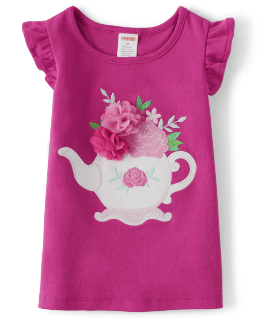 Girls Sleeveless Embroidered Teapot Tank Top - Time for Tea - PINK 