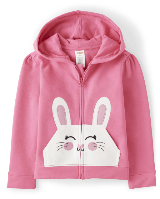 Girls Long Sleeve Embroidered Fleece Bunny Hoodie - Spring