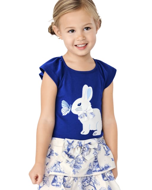 Girls Short Flutter Sleeve Embroidered Bunny Top - Blue Belle - NAVY ...