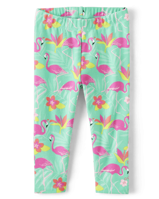 Girls Embroidered Flamingo Knit Capri Leggings - Tropical Paradise