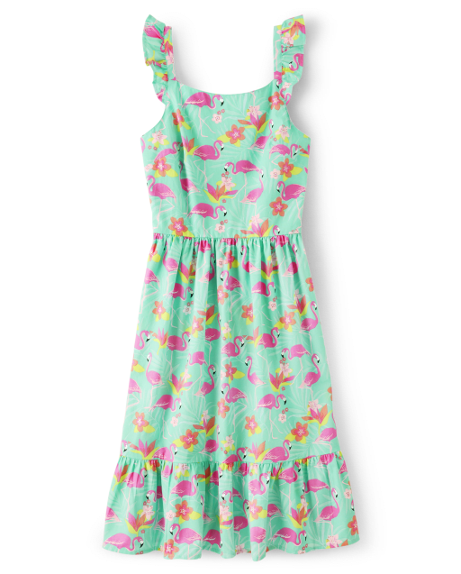 Womens Matching Family Sleeveless Flamingo Print Woven Ruffle Dress -  Tropical Dress
