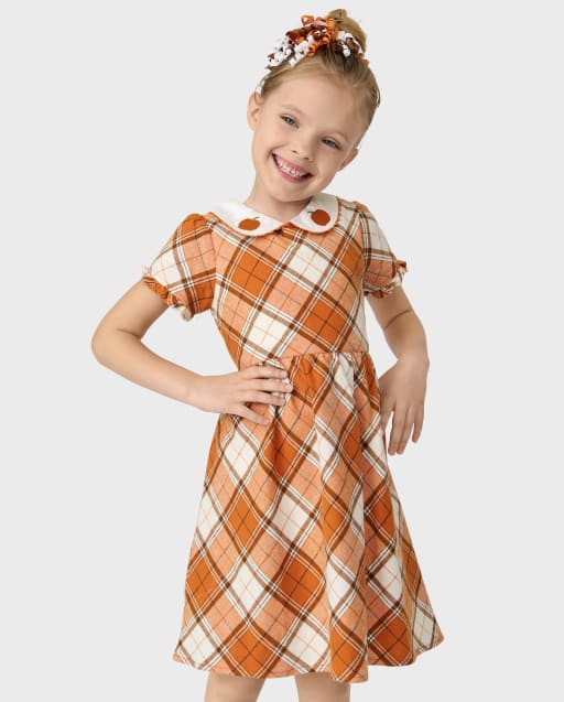 Girls Short Sleeve Plaid Twill Woven Peter Pan Dress - Lil' Pumpkin