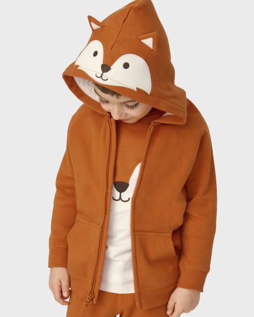 Unisex Long Raglan Sleeve Embroidered Fox Fleece Zip-Up Hoodie - Friendly  Fox