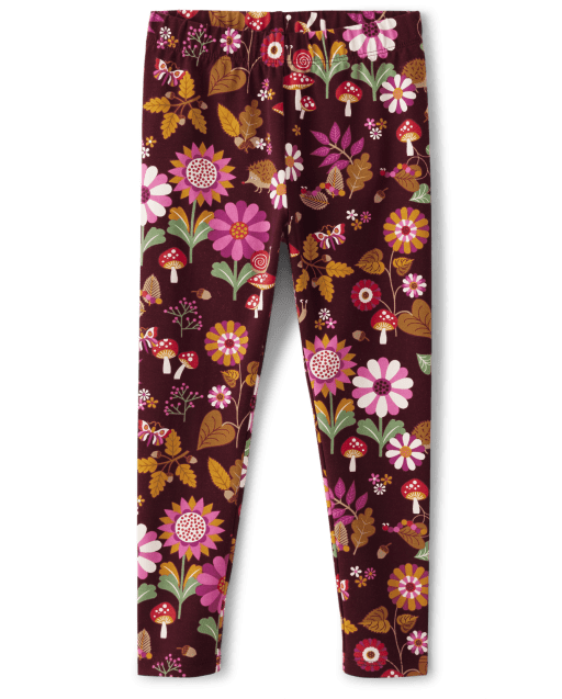 Girls Flower Leaf Leggings Enchanted Forest Burgundy