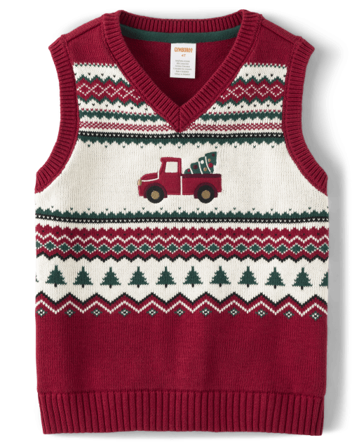 Boys Sleeveless Intarsia Truck Fairisle Sweater Vest - Christmas
