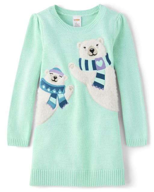Girls Long Sleeve Embroidered Polar Bear Knit Sweater Dress - Nordic ...