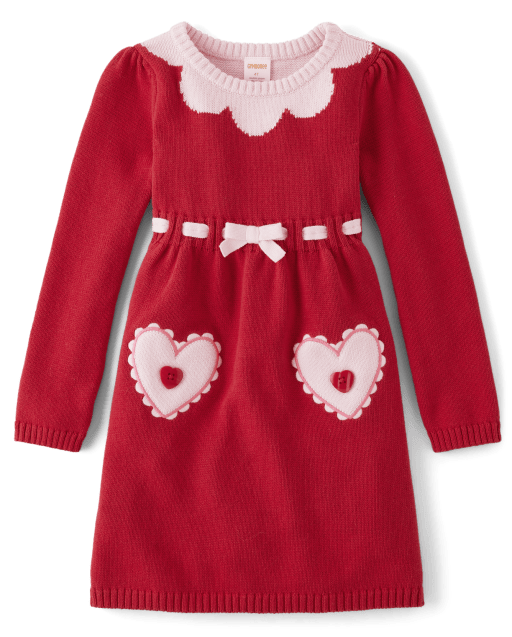 Girls Long Sleeve Contrast Heart Sweater Dress - Valentine Cutie
