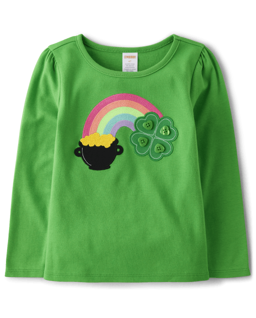 Girls Long Sleeve Embroidered Shamrock Top - Little Leprechaun